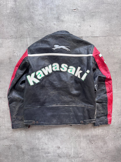 1990s Kawasaki Two Tone Spellout Moto Racing Leather Jacket