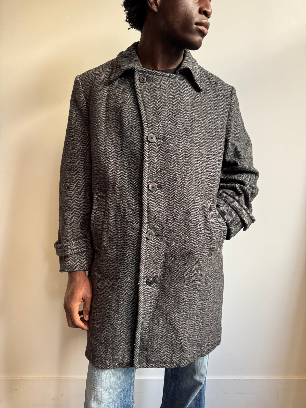 1980s Christian Dior Herringbone Wool Heavyweight Coat