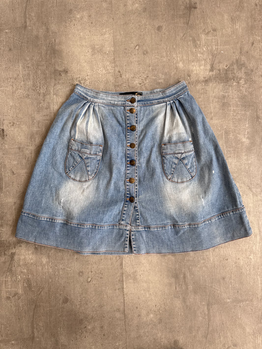 Cavalli Washed Denim Asymettric Closure Midi Skirt