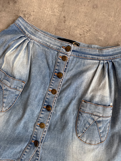 Cavalli Washed Denim Asymettric Closure Midi Skirt