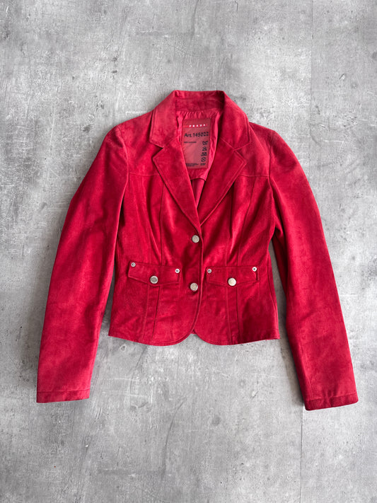 Prada Sport Red Suede Cropped Open Collar Jacket