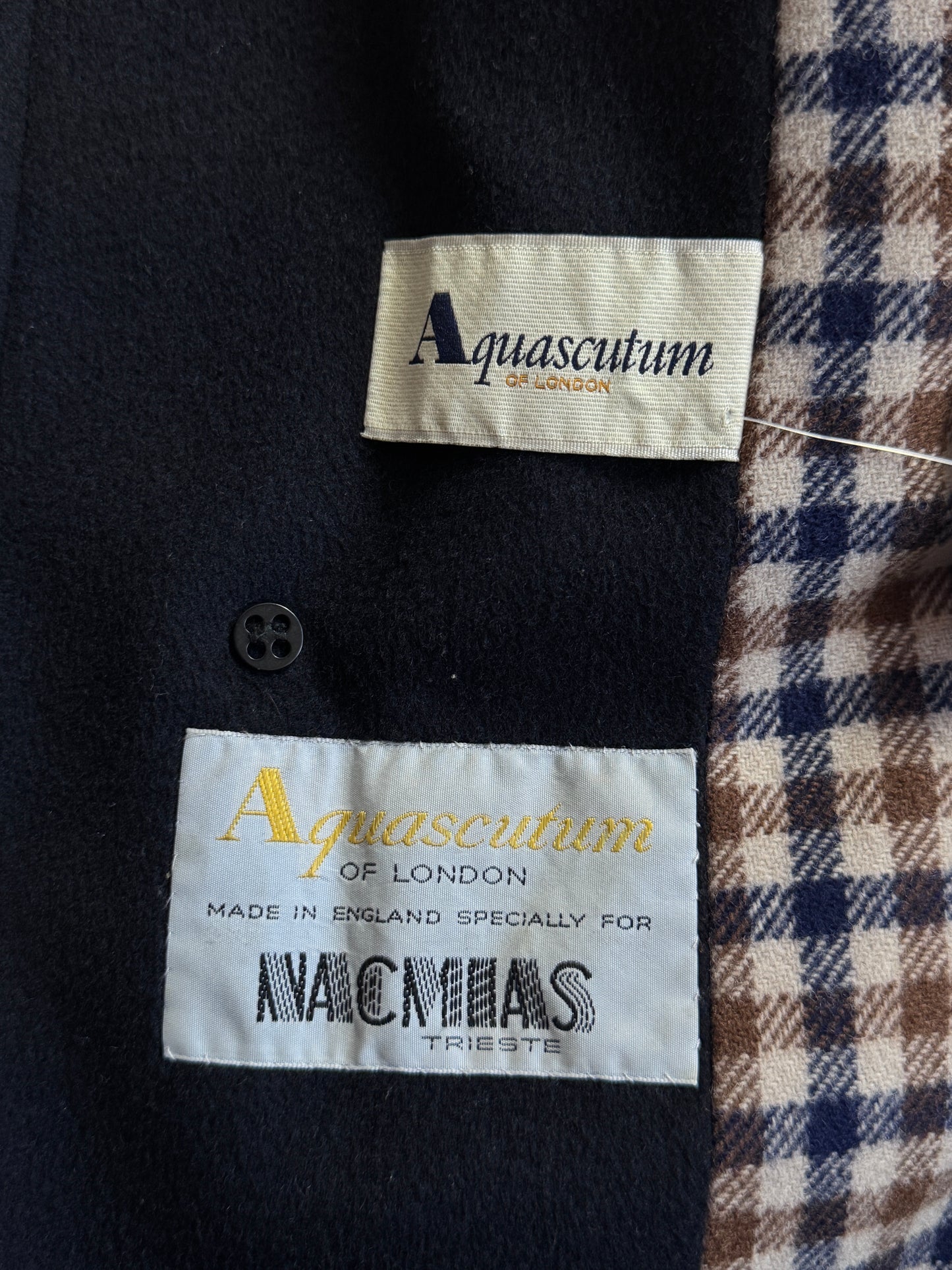 Aquascutum Navy Wool House Check Lined Heavy Overcoat