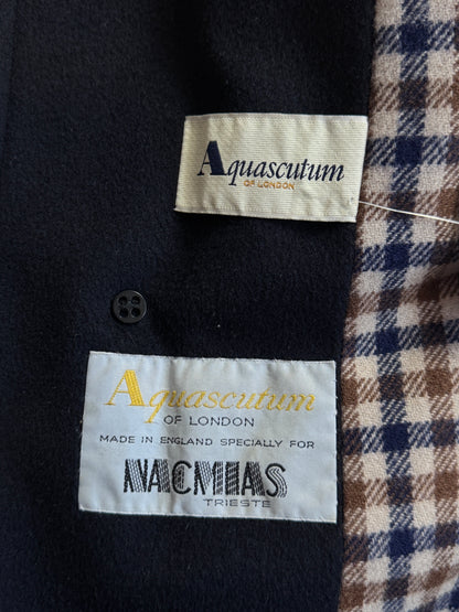 Aquascutum Navy Wool House Check Lined Heavy Overcoat
