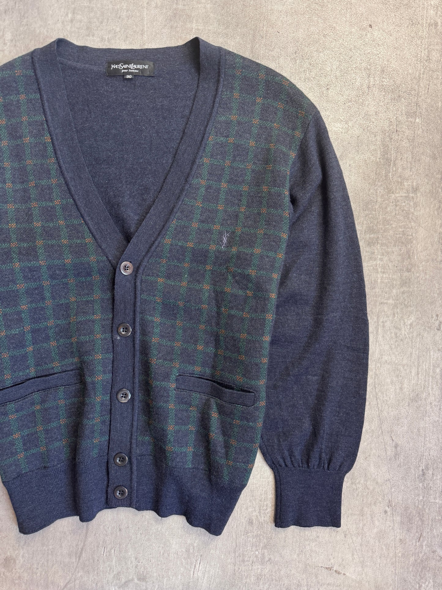 YSL Plaid Front Button Down Wool Cardigan