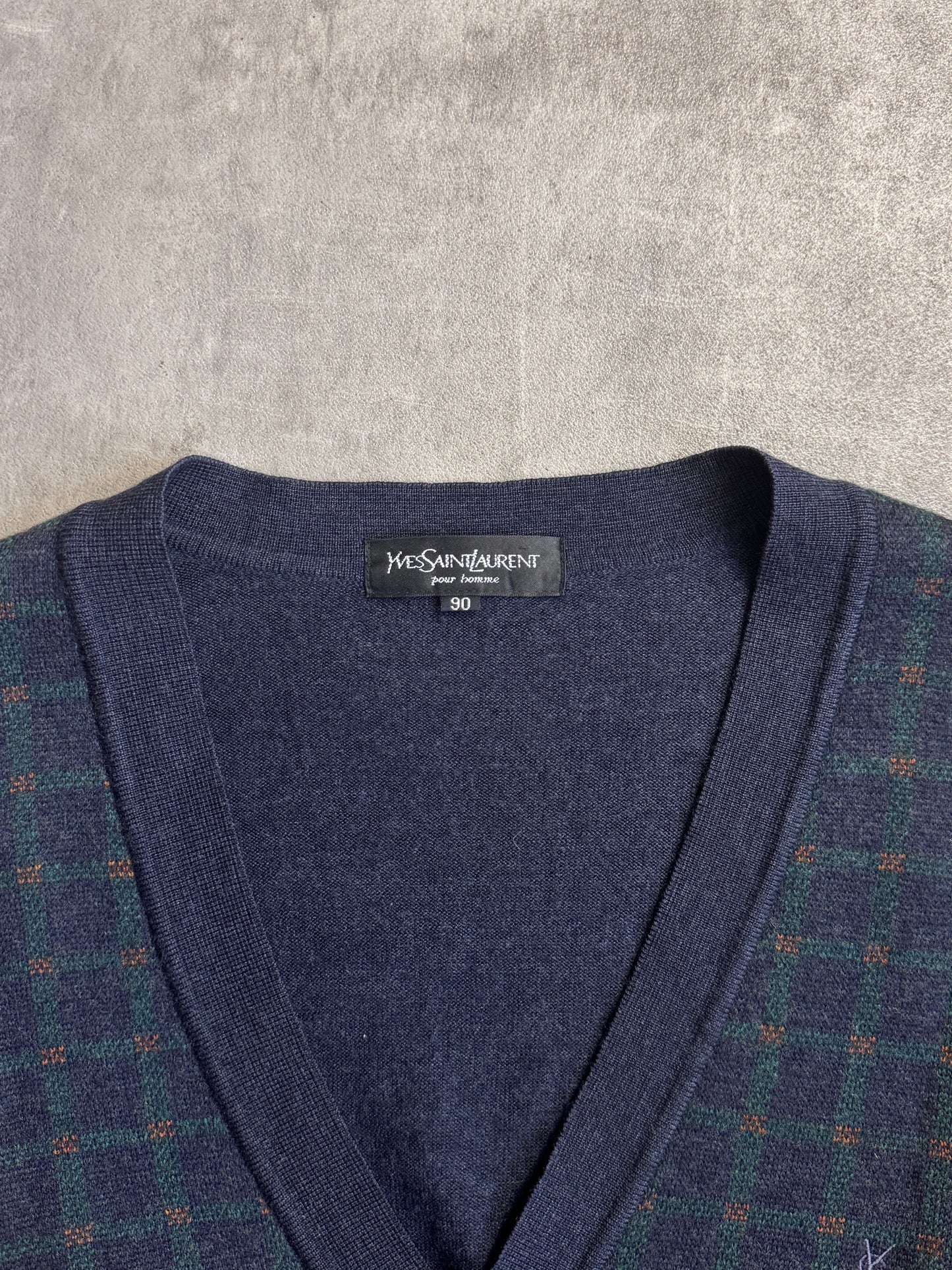 YSL Plaid Front Button Down Wool Cardigan