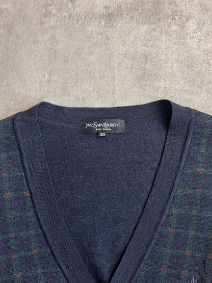 YSL Plaid Front Button Down Wool Cardigan