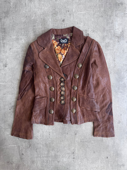 2000 Dolce & Gabbana Deadstock Military Stye Brown Leather Jacket