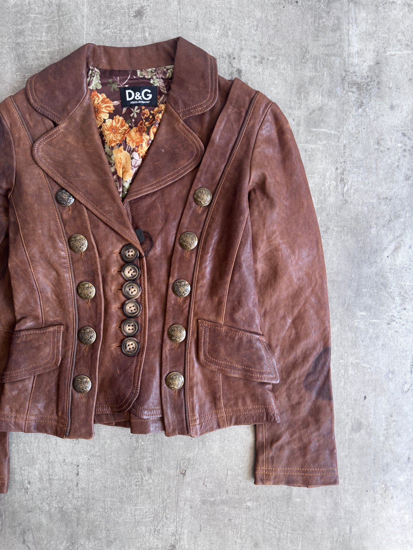 2000 Dolce & Gabbana Deadstock Military Stye Brown Leather Jacket