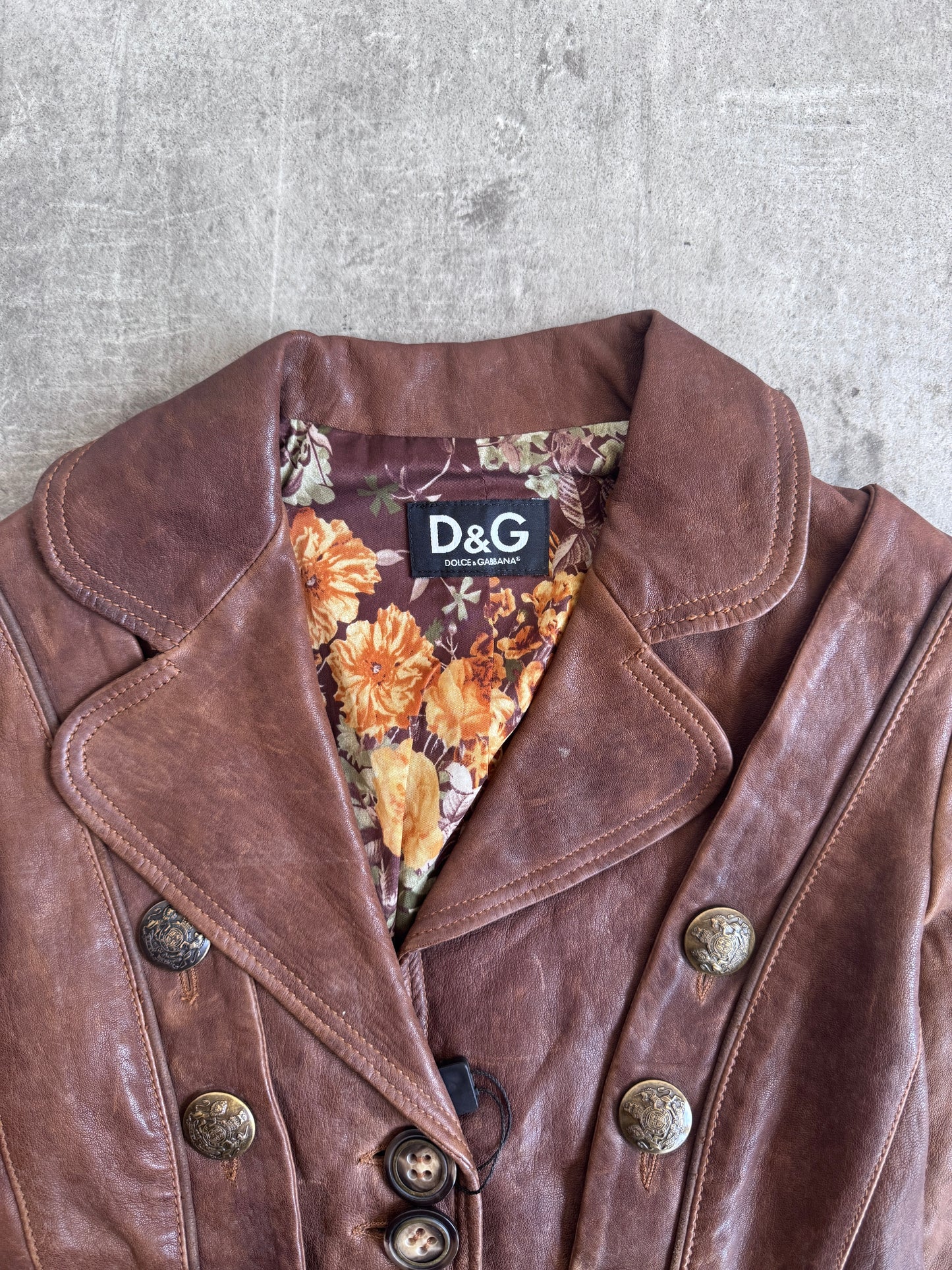 2000 Dolce & Gabbana Deadstock Military Stye Brown Leather Jacket