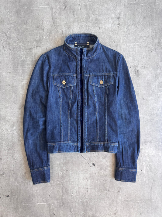 2004 Gucci Velvet Panel Mock Neck Denim Moto Jacket SC: 5782