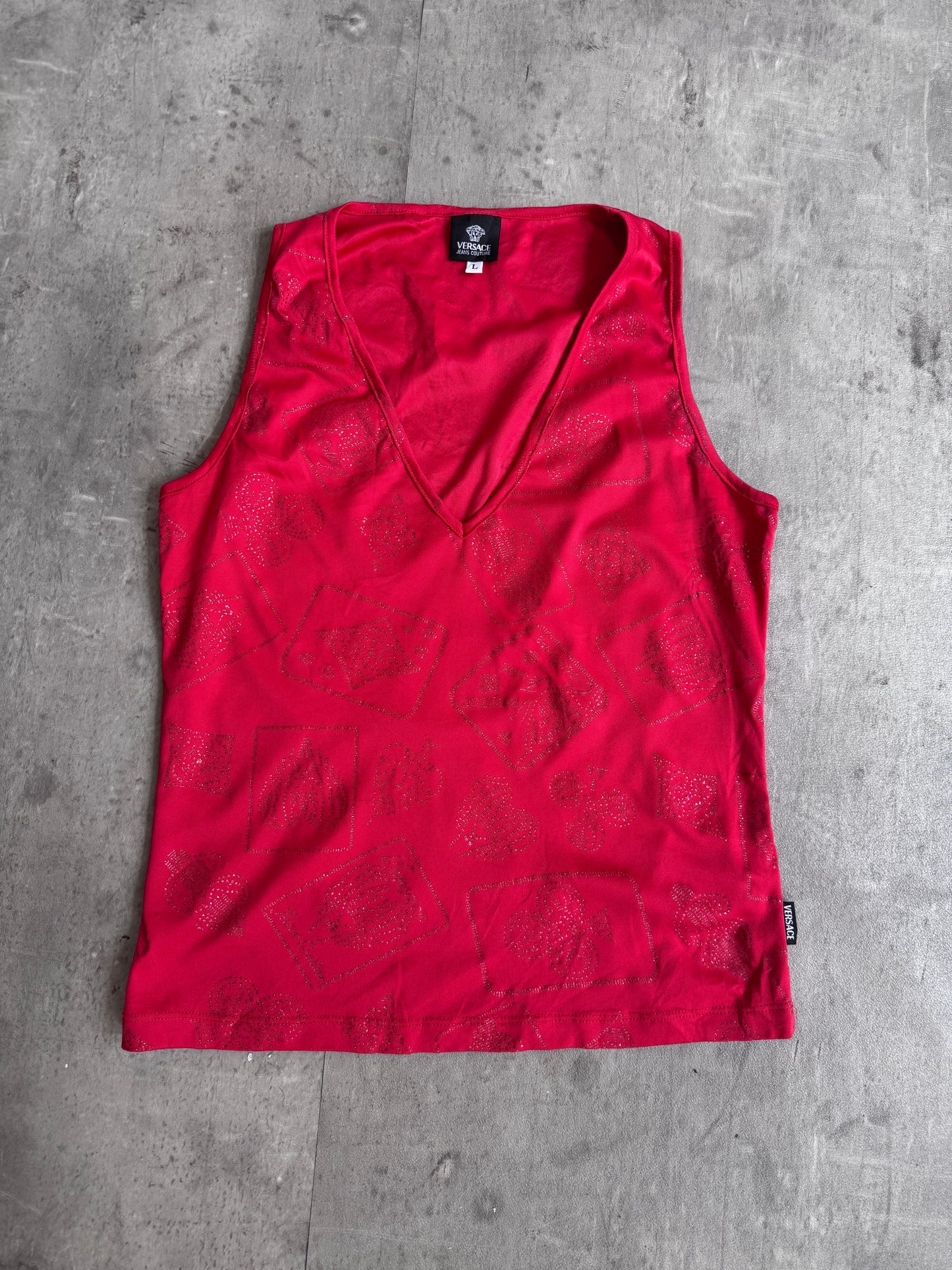 1990s Versace Red Abstract Glitter Detail Vest Top