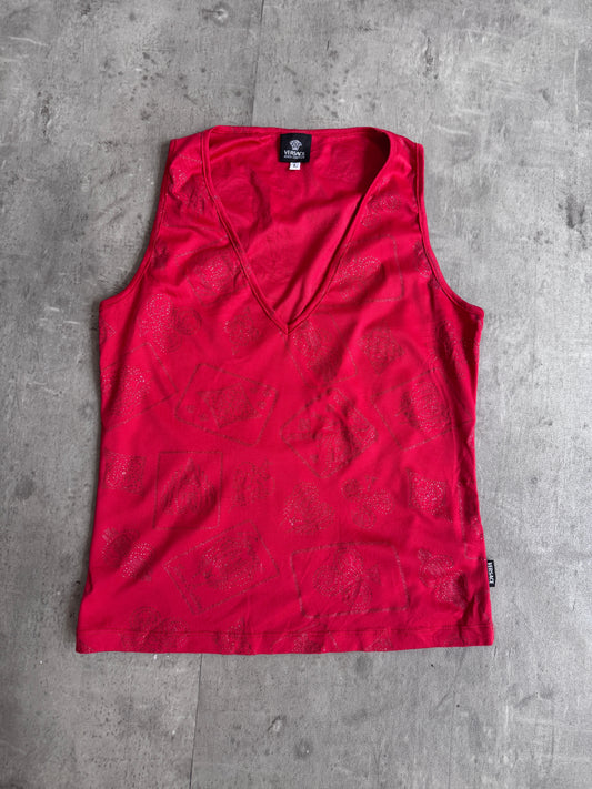 1990s Versace Red Abstract Glitter Detail Vest Top