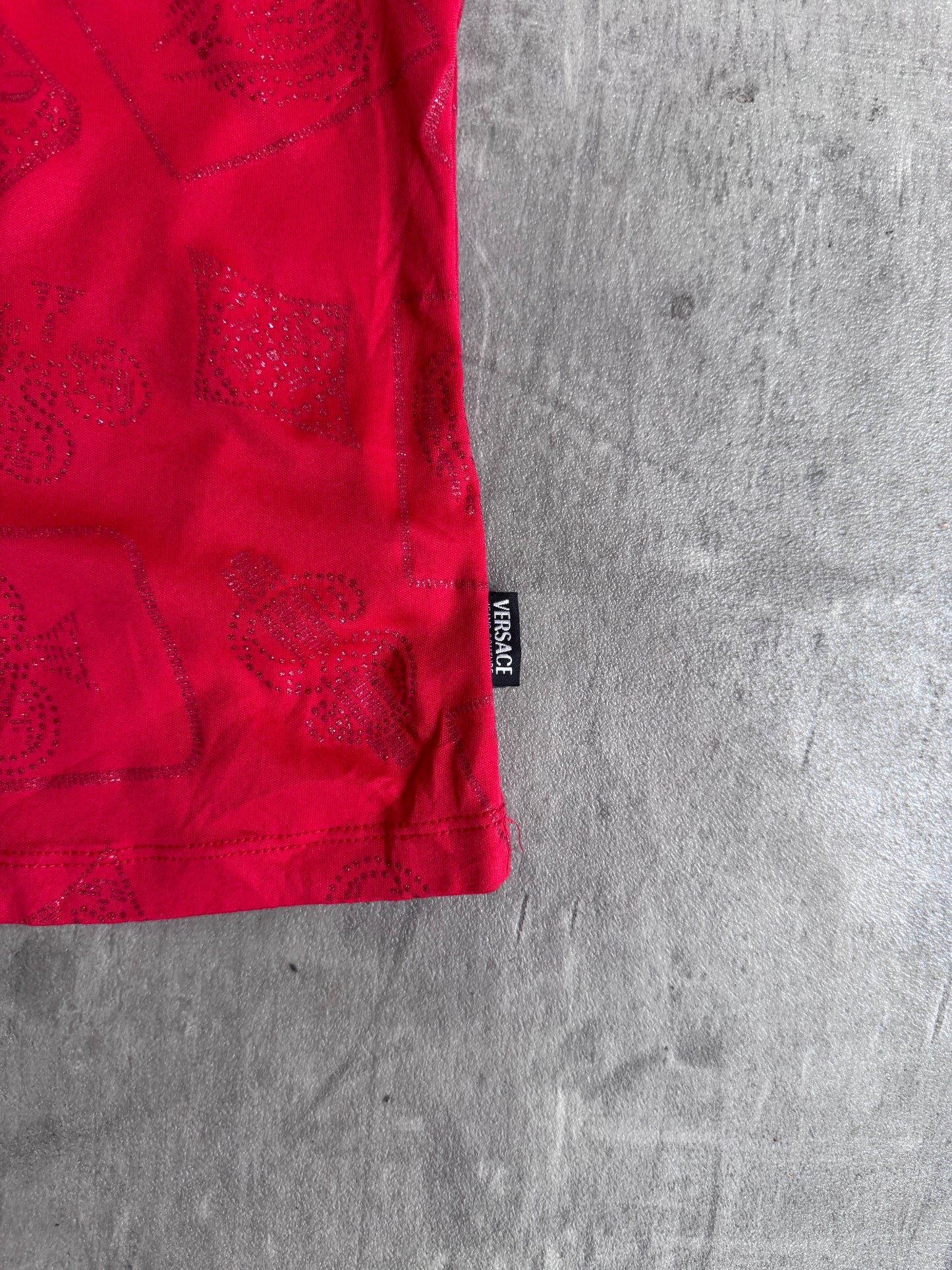 1990s Versace Red Abstract Glitter Detail Vest Top