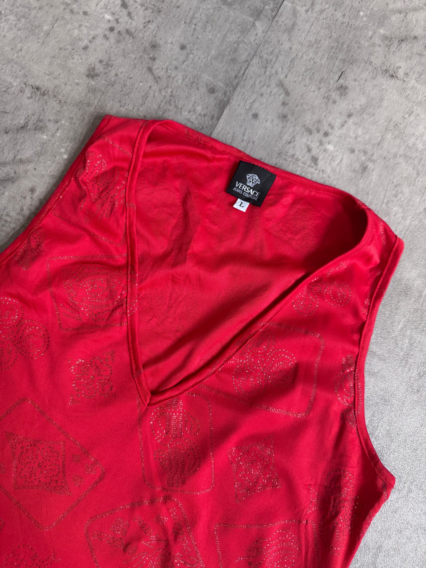 1990s Versace Red Abstract Glitter Detail Vest Top