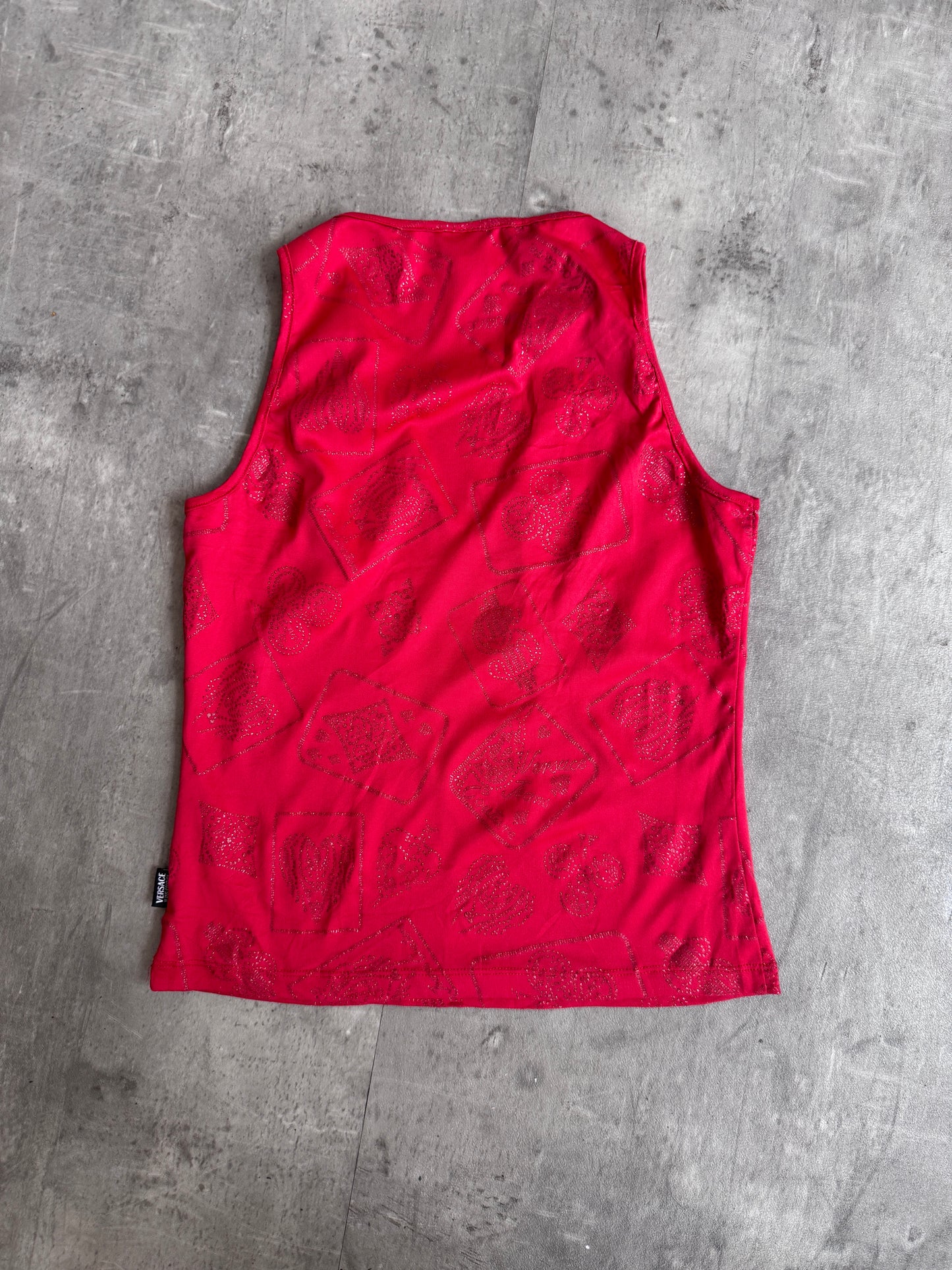 1990s Versace Red Abstract Glitter Detail Vest Top