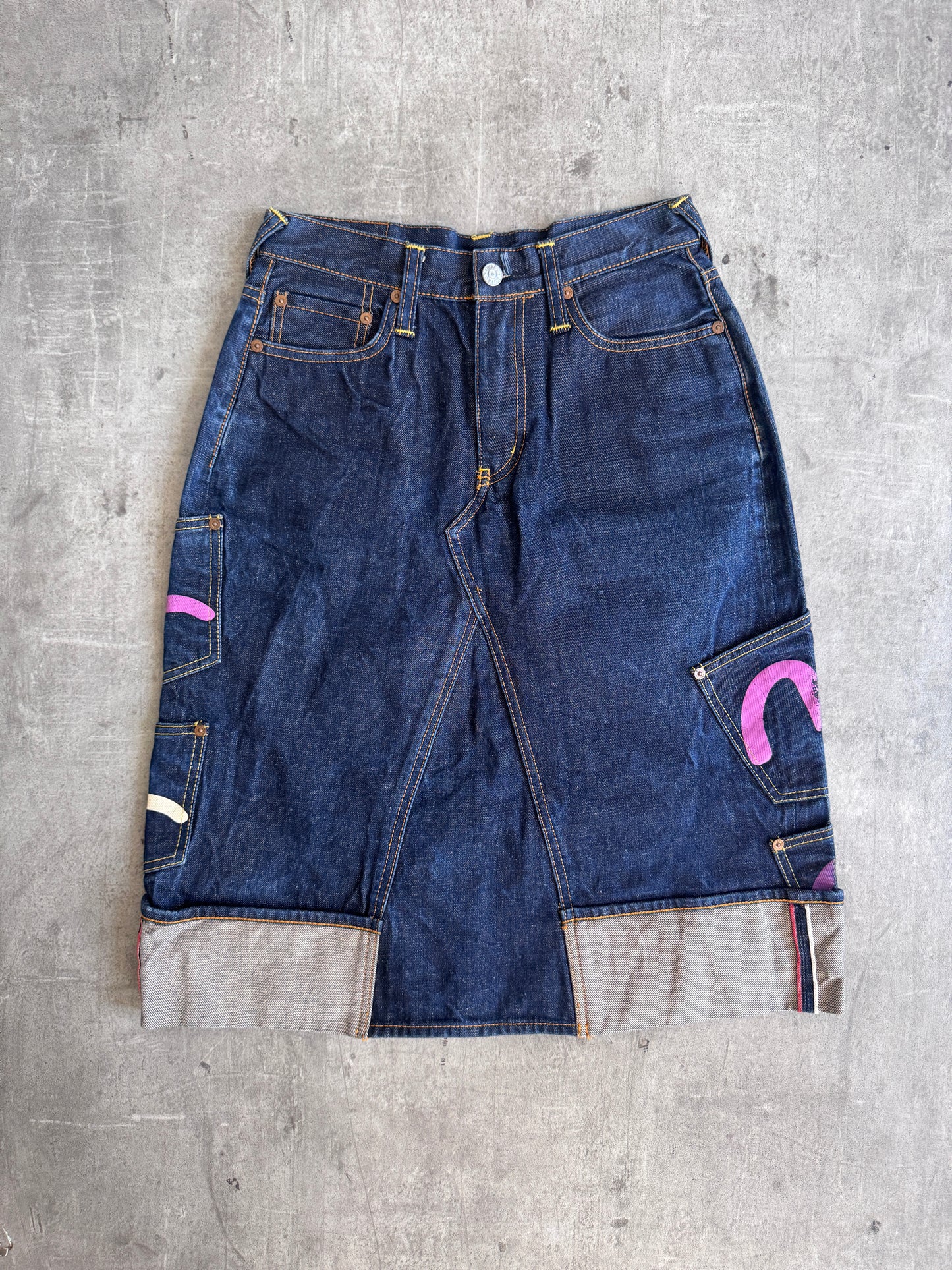 2000's Evisu Diacock Multi-Pocket Denim Midi Skirt