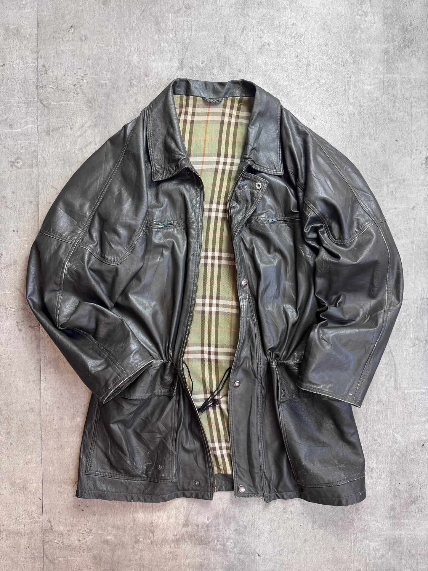 Burberry Khaki Check Lined Brown Leather Field Jacket