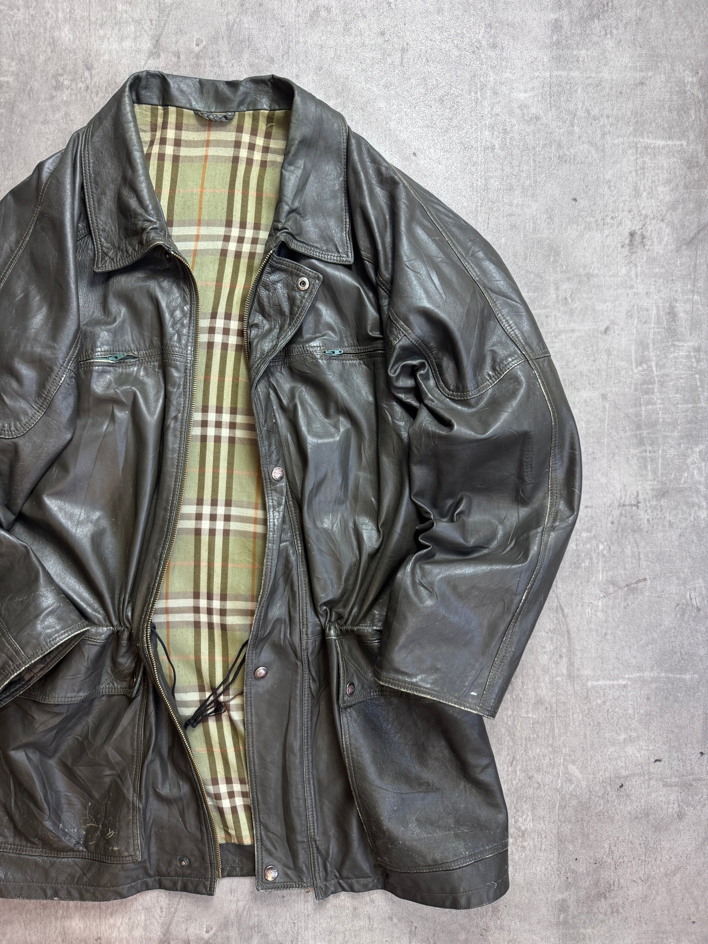 Burberry Khaki Check Lined Brown Leather Field Jacket