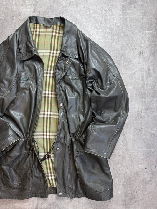 Burberry Khaki Check Lined Brown Leather Field Jacket