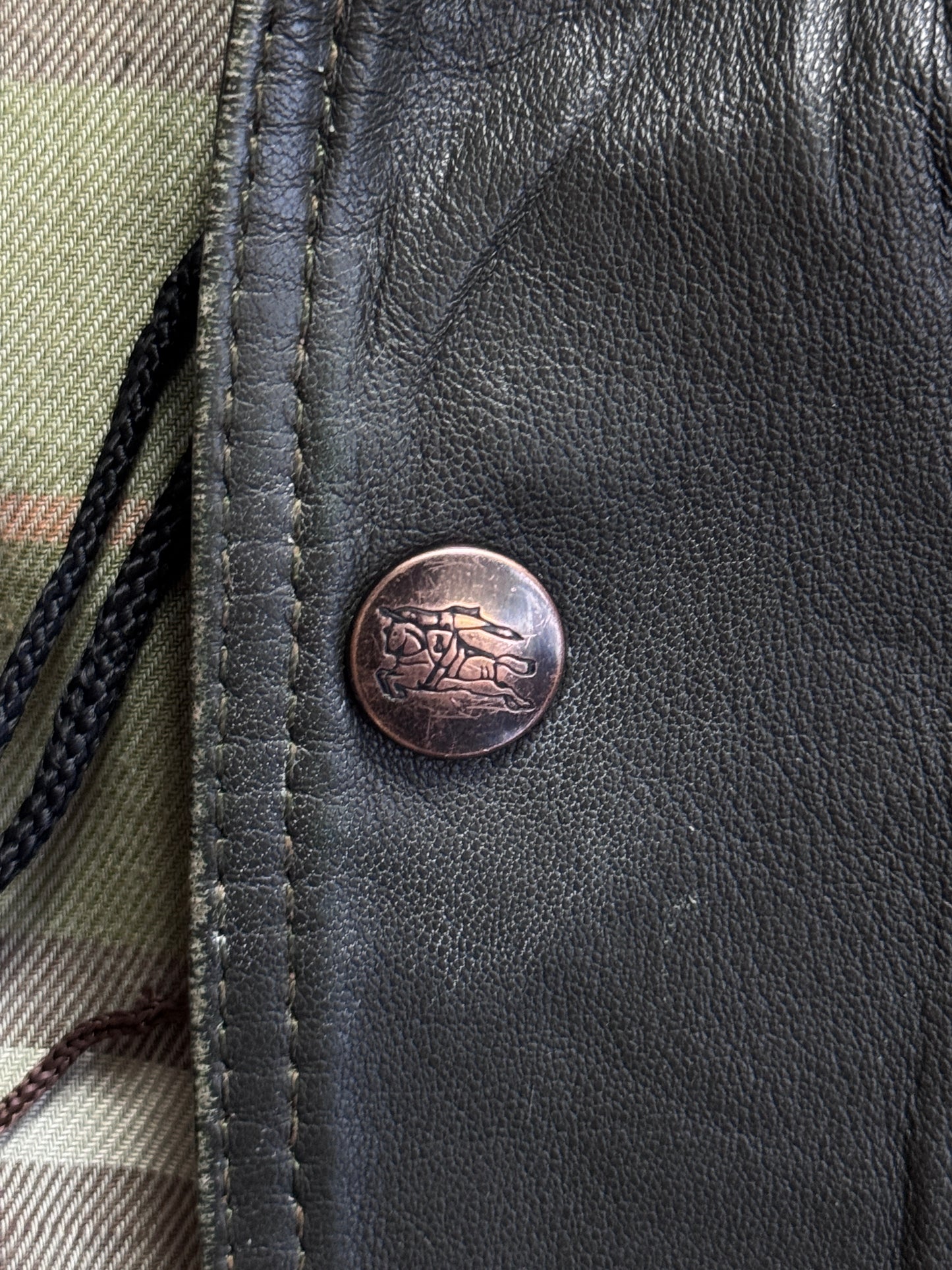 Burberry Khaki Check Lined Brown Leather Field Jacket