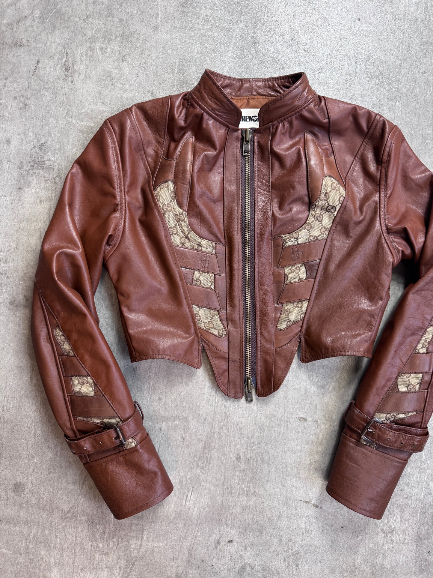 VT Rework: Gucci Monogram Tongue Brown Leather Cropped Jacket