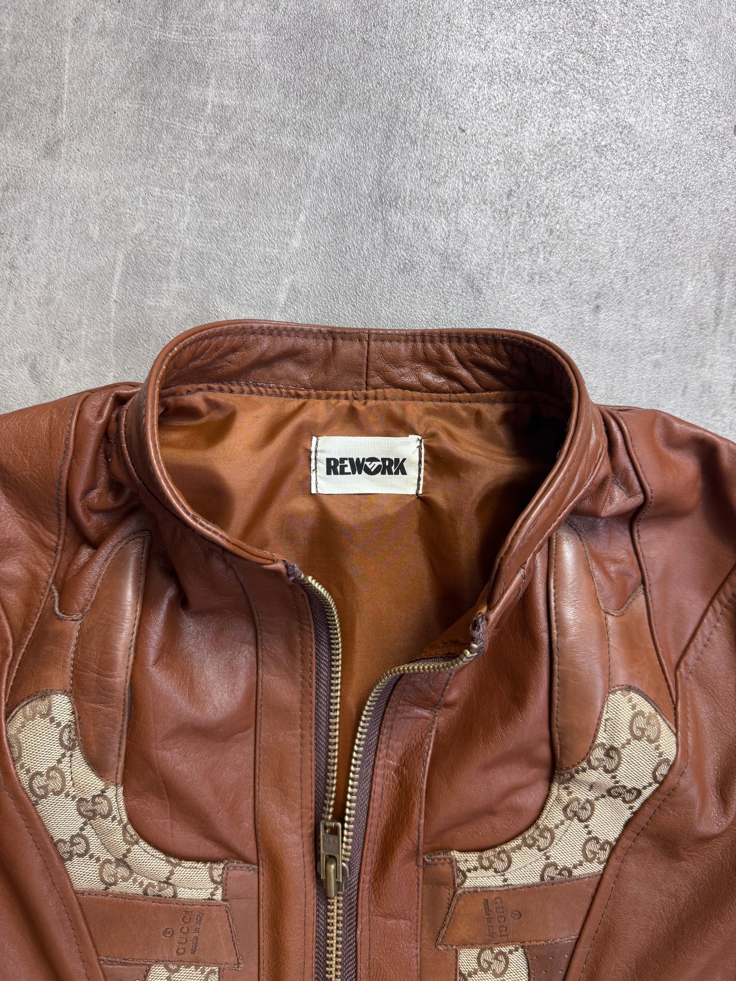 VT Rework: Gucci Monogram Tongue Brown Leather Cropped Jacket