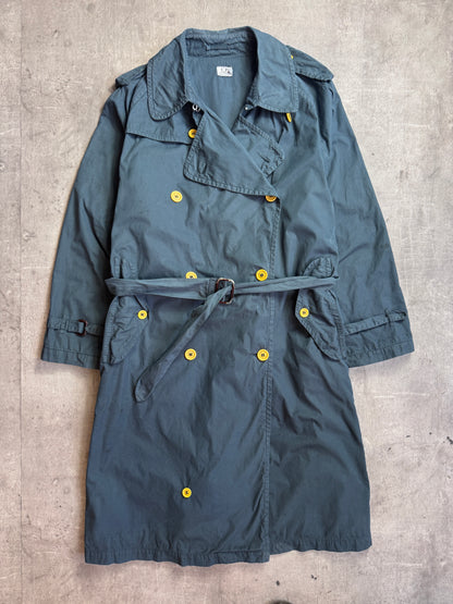 1980s C.P. Company Petrol Blue Garment Dyed Double Breasted Cotton Trench