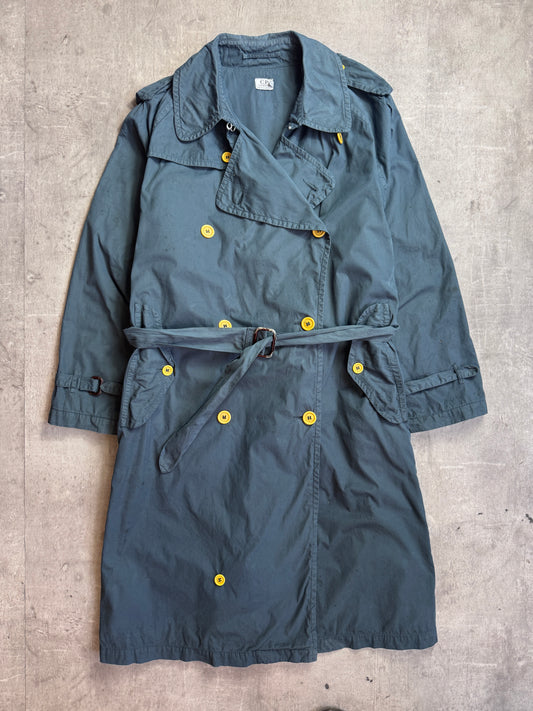 1980s C.P. Company Petrol Blue Garment Dyed Double Breasted Cotton Trench