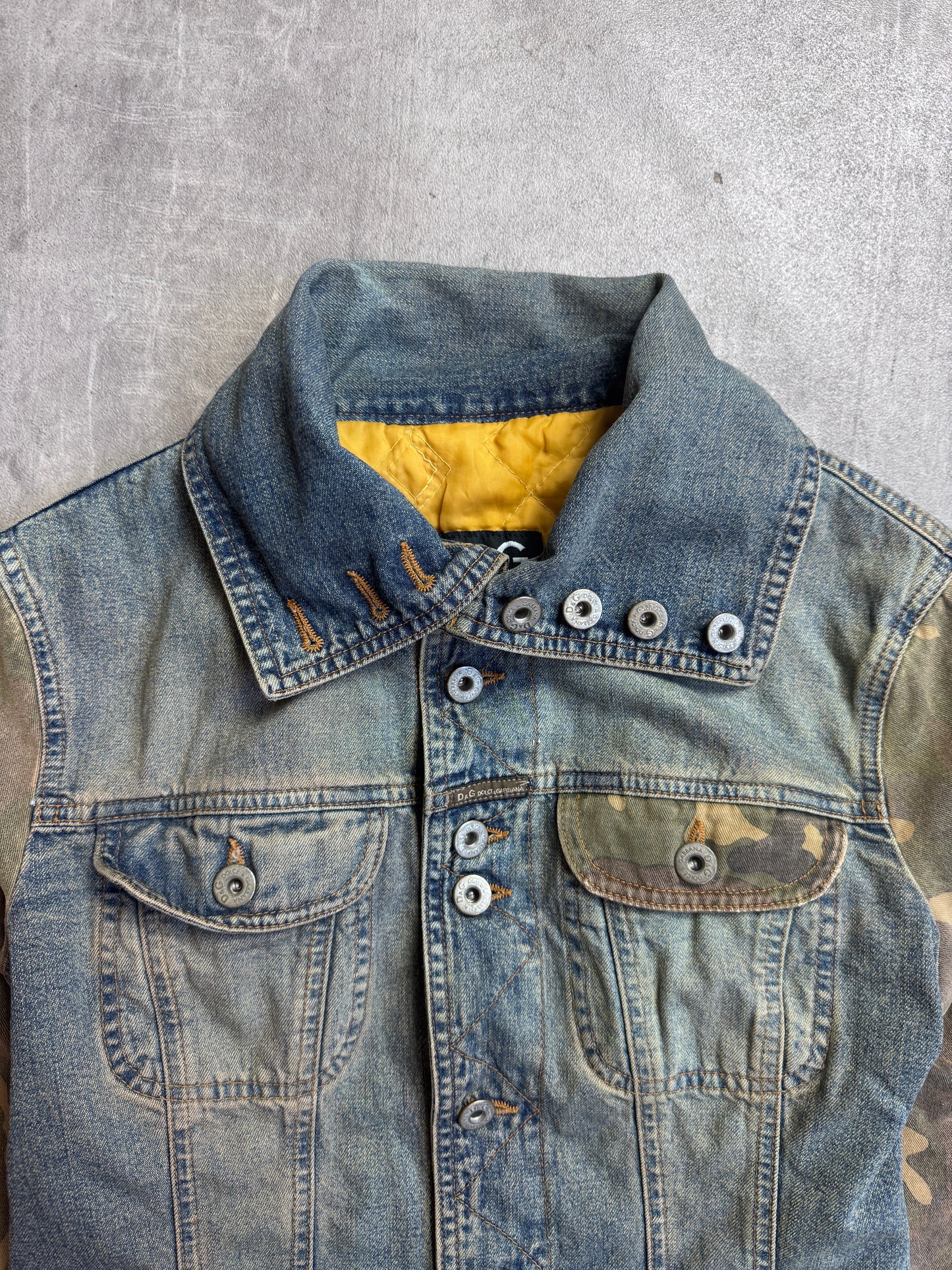 D&G Quilted Contrast Camo Sleeve Button Down Denim Jacket