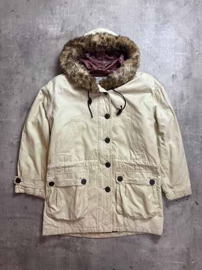 1980's YSL Fur Trim Quilted Cream Arctic Parka Jacket