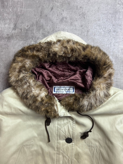 1980's YSL Fur Trim Quilted Cream Arctic Parka Jacket