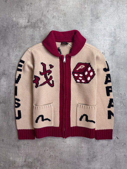 S/S 2024 Palace x Evisu Red Lined Full Zip Beige Wool Knit Cowichan Cardigan