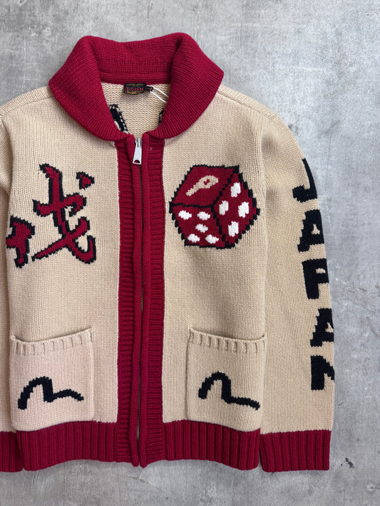 S/S 2024 Palace x Evisu Red Lined Full Zip Beige Wool Knit Cowichan Cardigan