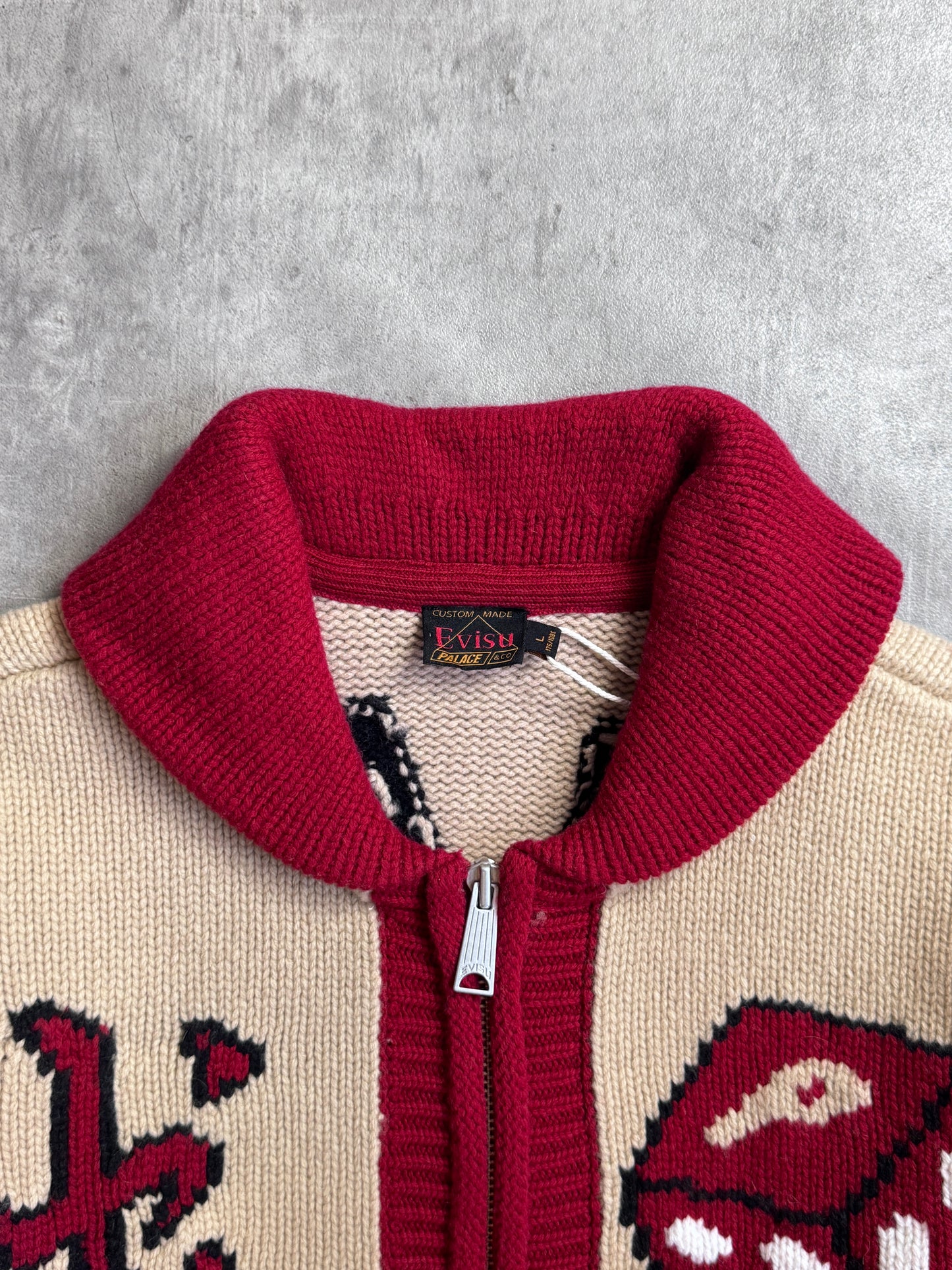 S/S 2024 Palace x Evisu Red Lined Full Zip Beige Wool Knit Cowichan Cardigan