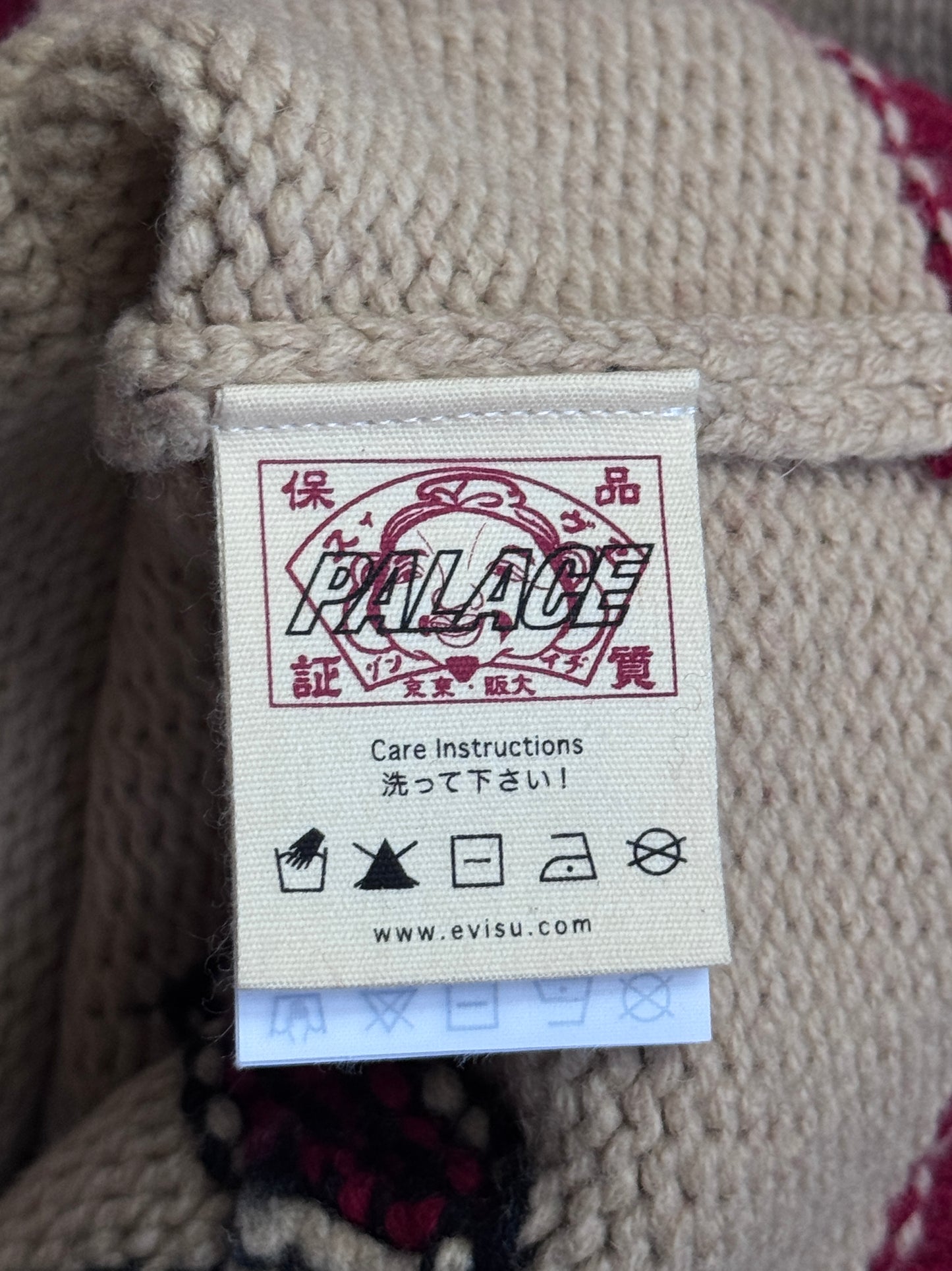 S/S 2024 Palace x Evisu Red Lined Full Zip Beige Wool Knit Cowichan Cardigan