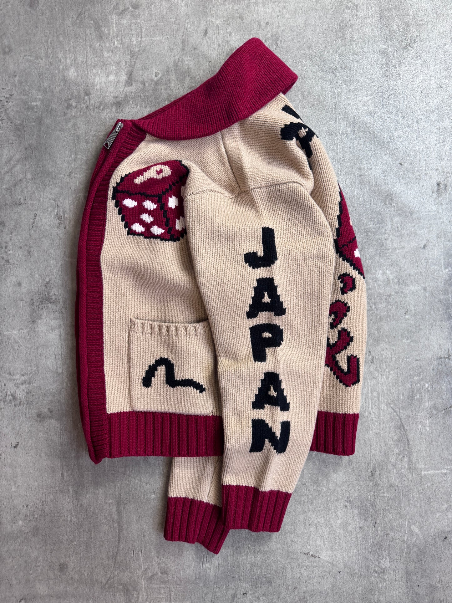 S/S 2024 Palace x Evisu Red Lined Full Zip Beige Wool Knit Cowichan Cardigan