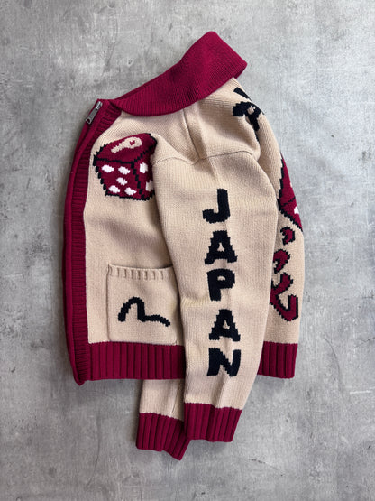 S/S 2024 Palace x Evisu Red Lined Full Zip Beige Wool Knit Cowichan Cardigan