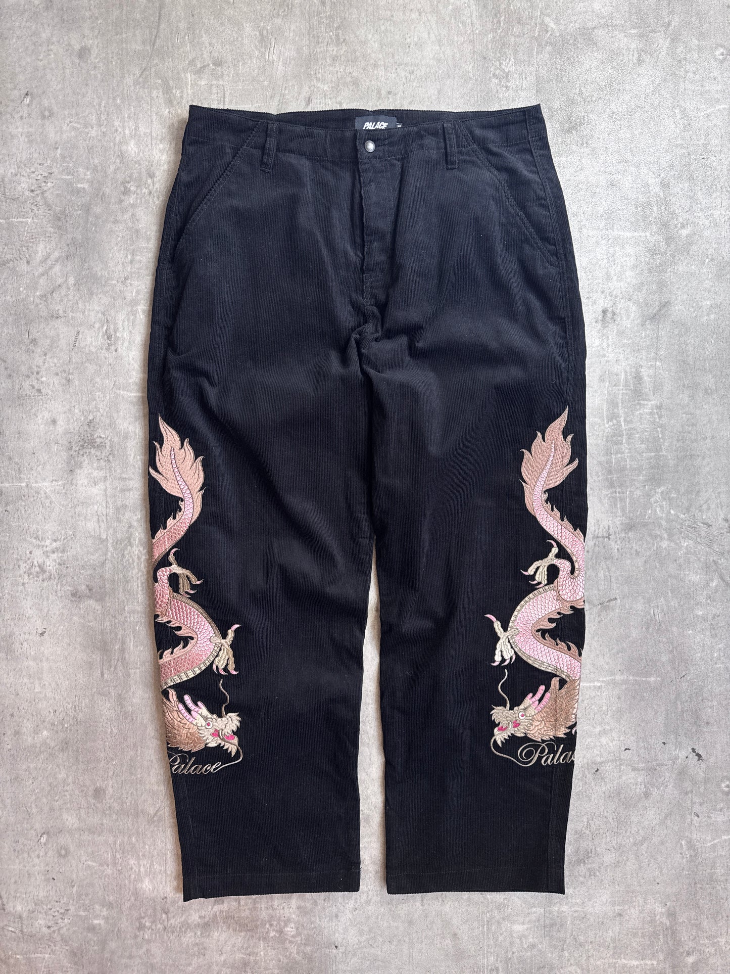 F/W 2022 Palace Embroidered Double Dragon Tour Black Corduroy Wide Leg Trousers