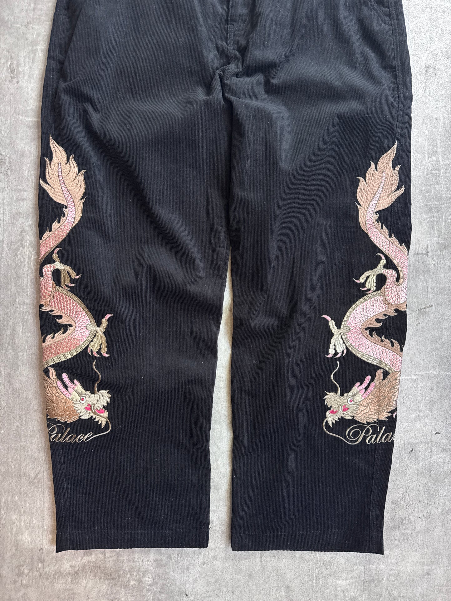 F/W 2022 Palace Embroidered Double Dragon Tour Black Corduroy Wide Leg Trousers