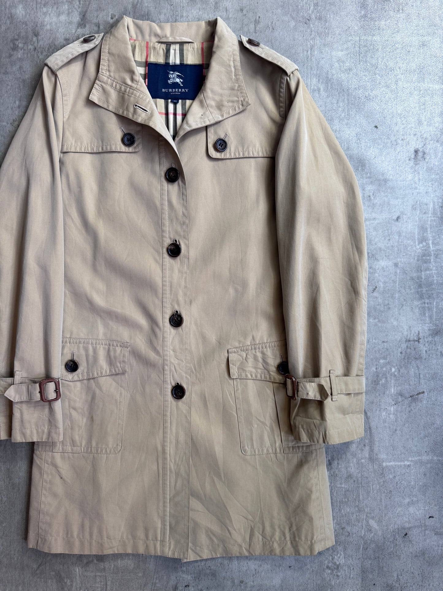 Burberry Beige Nova Check Lined Button Down Midi Trench