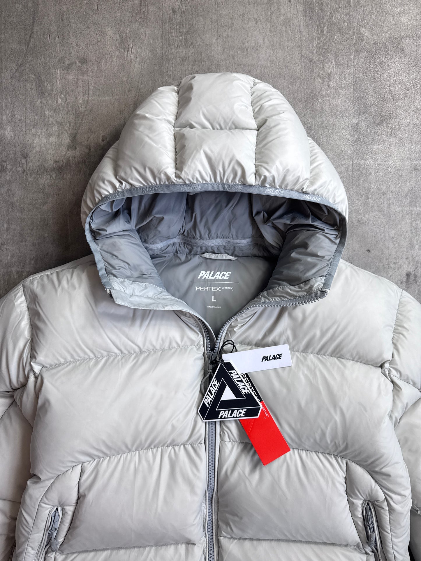 Palace Peretex Opaque Balaclava Fleece Lined Hood Grey Contract Duck Feather Puffer Jacket