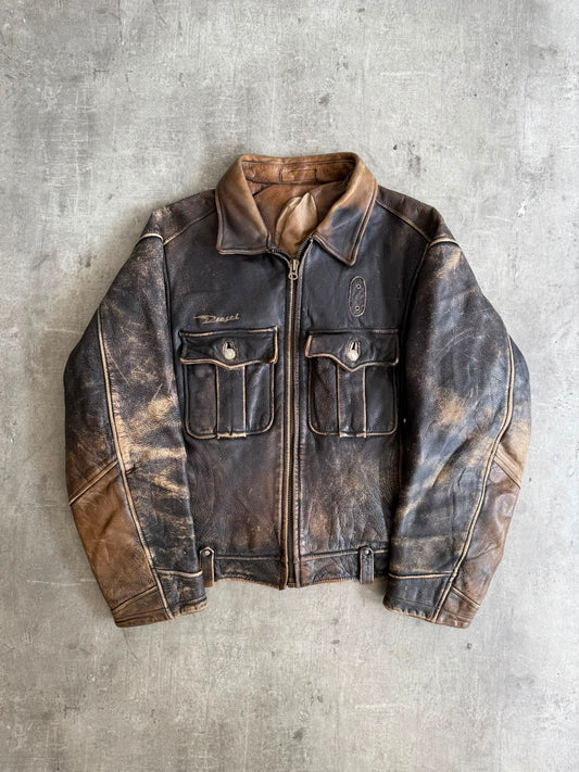 1990's Diesel Distressed Brown Leather Bomber Jacket