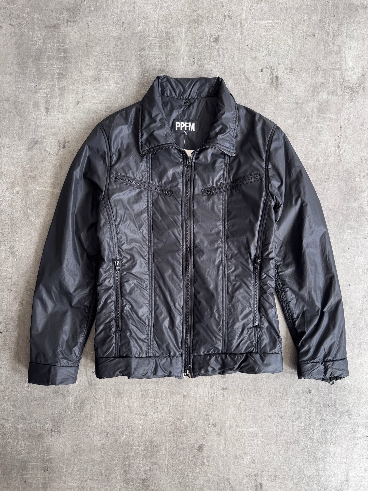 PPFM Notch Collar Zip Up Black Nylon Jacket