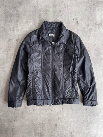 PPFM Notch Collar Zip Up Black Nylon Jacket
