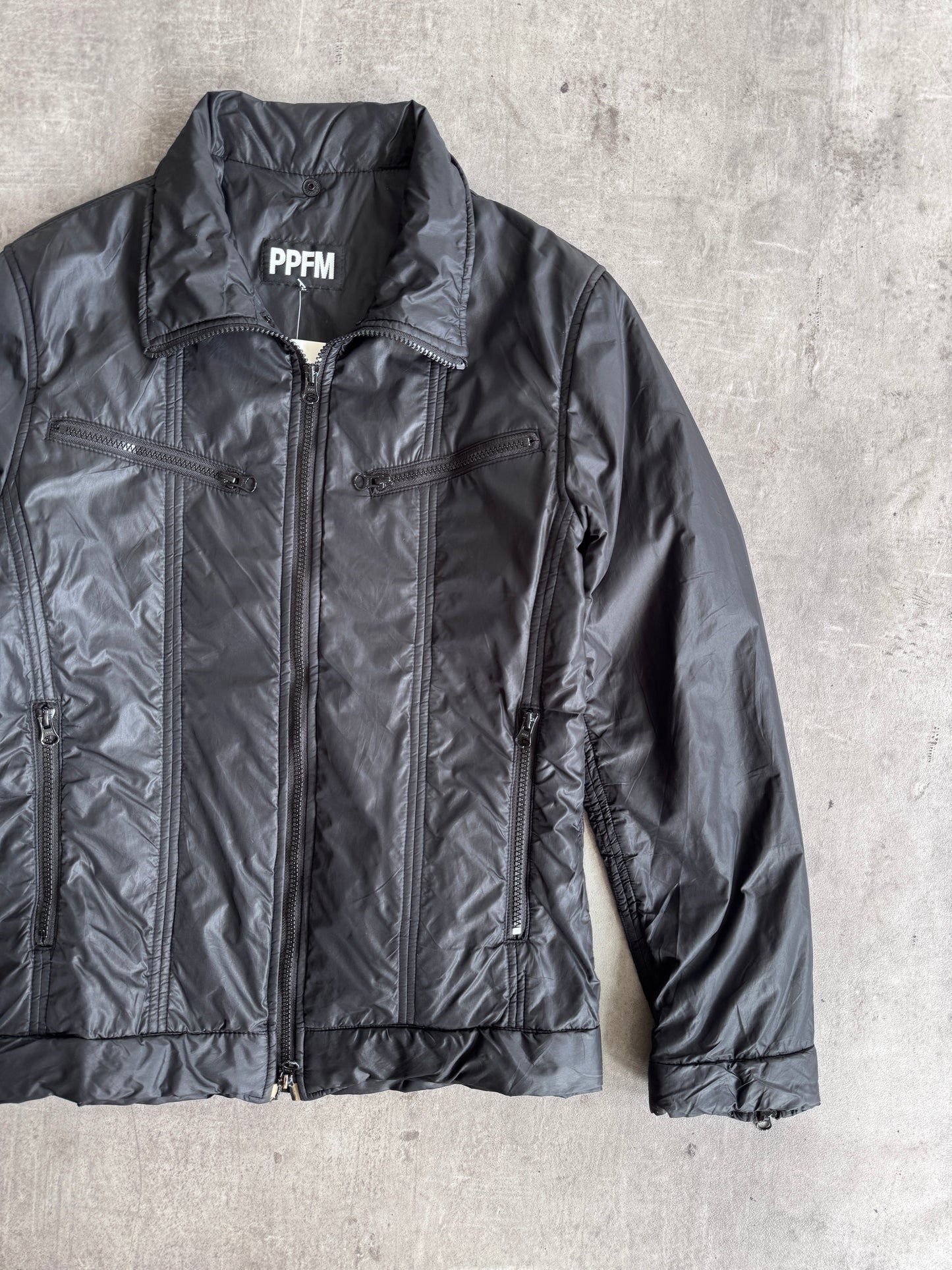 PPFM Notch Collar Zip Up Black Nylon Jacket