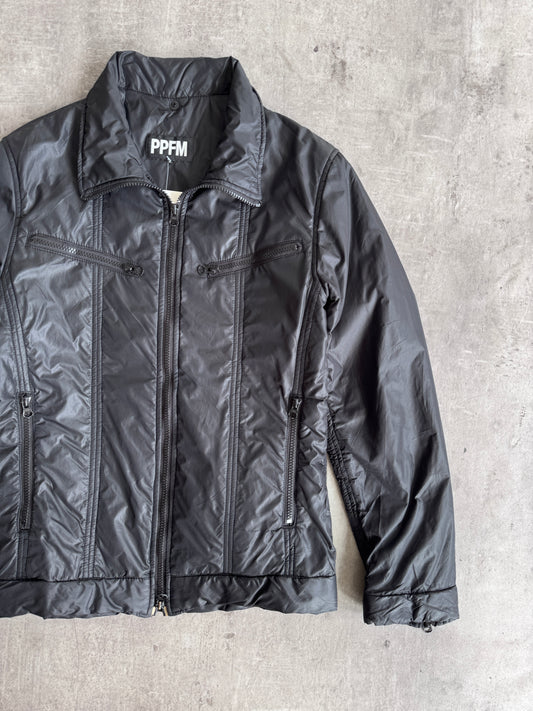 PPFM Notch Collar Zip Up Black Nylon Jacket