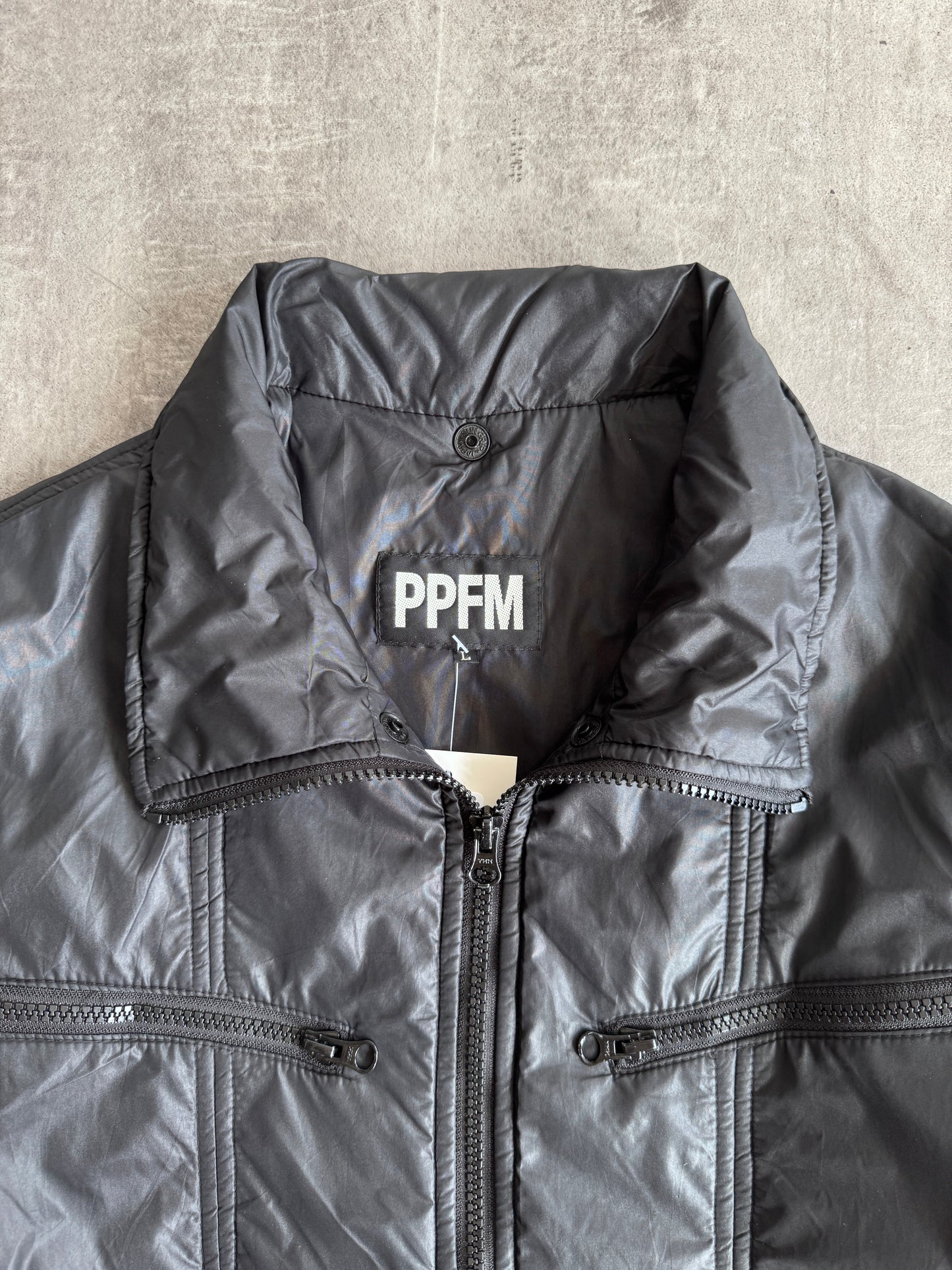 PPFM Notch Collar Zip Up Black Nylon Jacket