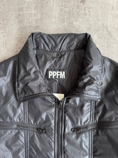 PPFM Notch Collar Zip Up Black Nylon Jacket