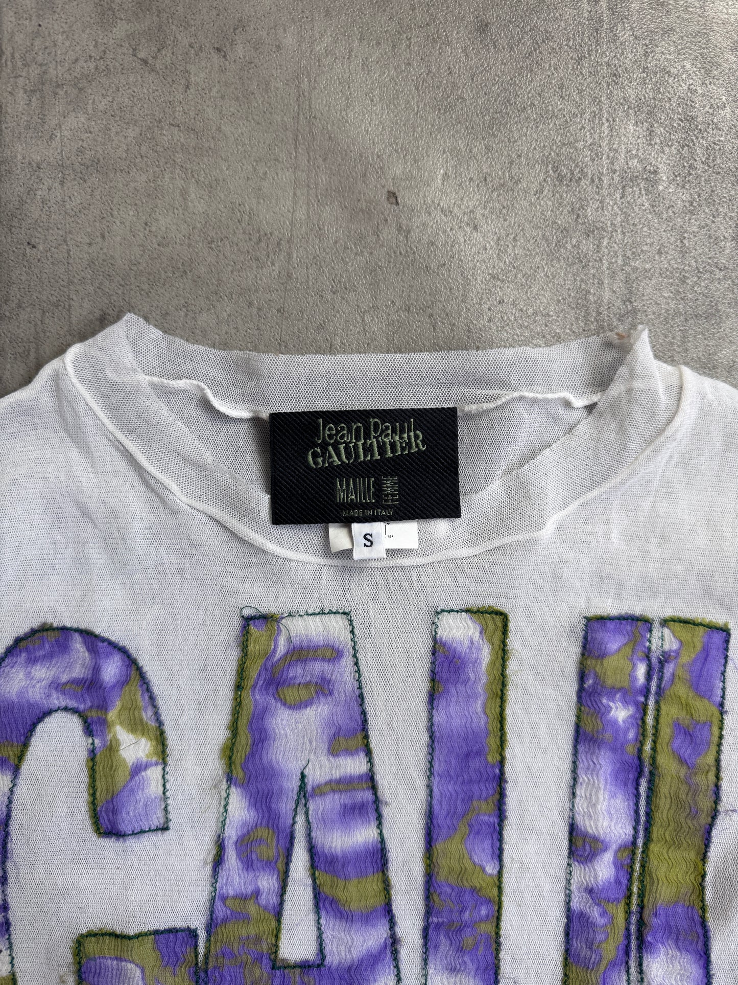 Jean Paul Gaultier Maille Femme White Mesh Raw Stitch Silk Graphic Logo L/S Tee