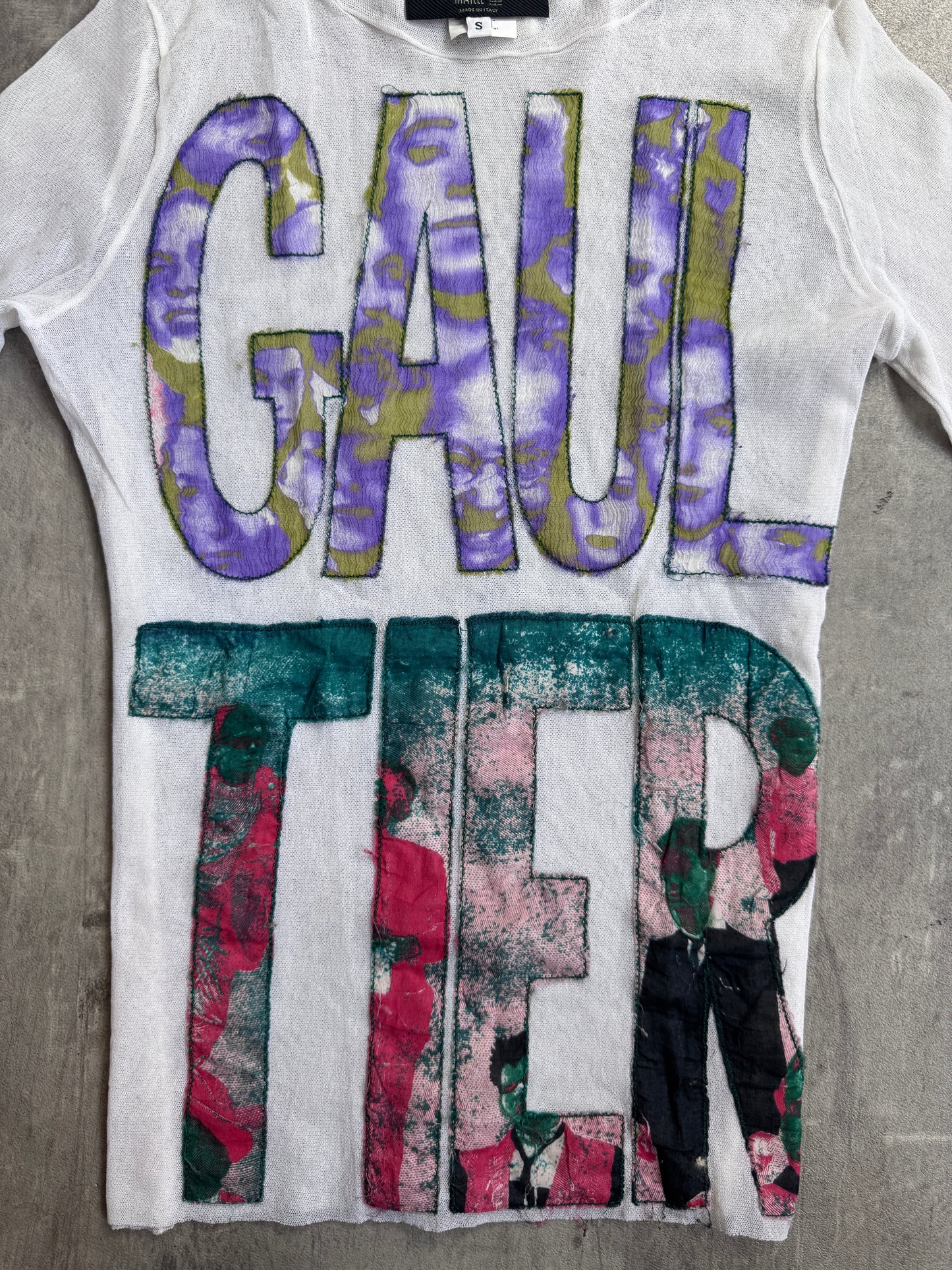 Jean Paul Gaultier Maille Femme White Mesh Raw Stitch Silk Graphic Logo L/S Tee